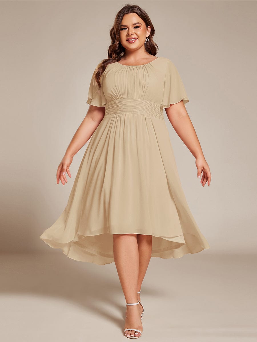 Plus Size Pleated Round Neckline A-Line Midi Chiffon Wedding Guest Dress