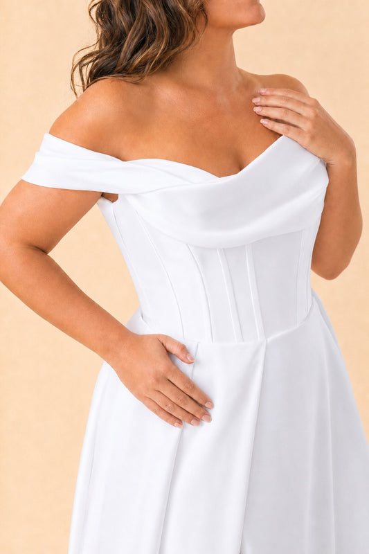 Plus Size Off-Shoulder Wedding Dress with Ruched Bodice and A-Line Skirt