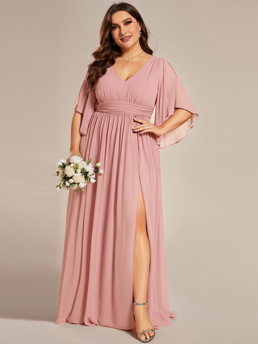 Plus Size Half Sleeve Pleated A-Line V-Neck Chiffon Bridesmaid Dress