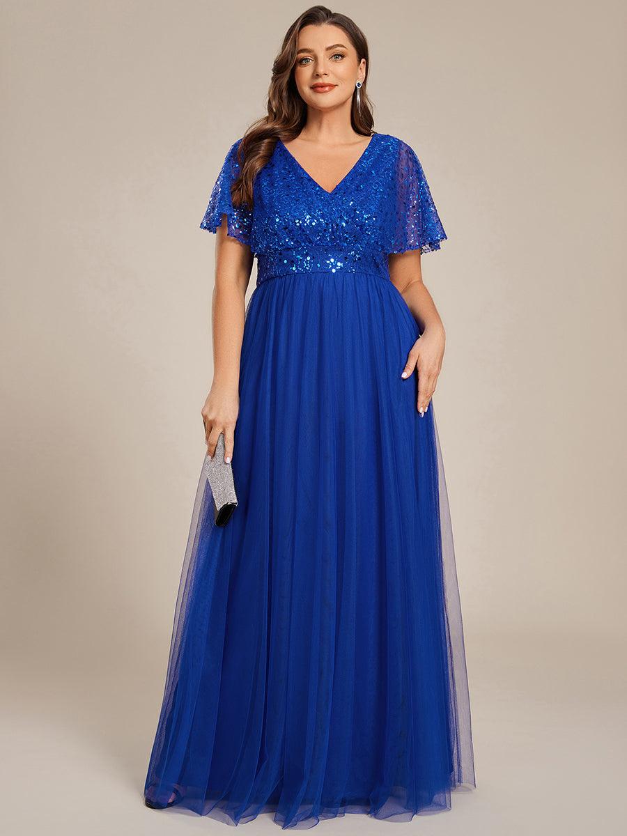 Plus Size Short Sleeves Sequin V-Neck Formal Evening Dress with Tulle