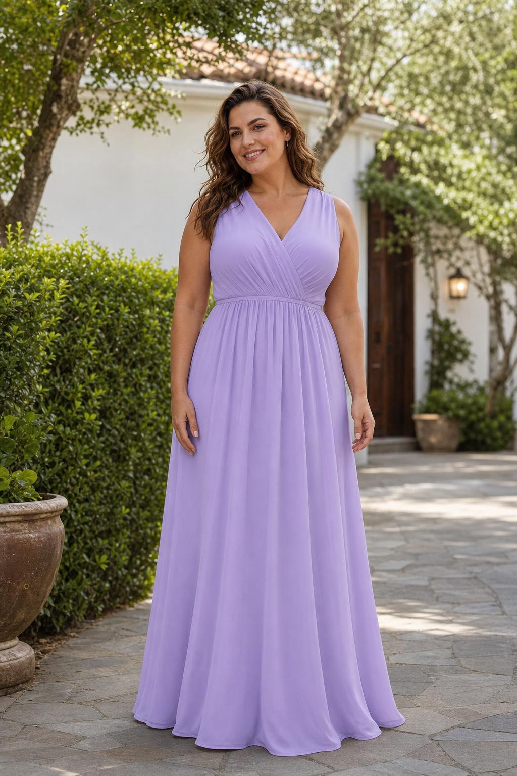 Elegant Plus Size Bridesmaid Dress with Lace Panel Back and Soft Pleats