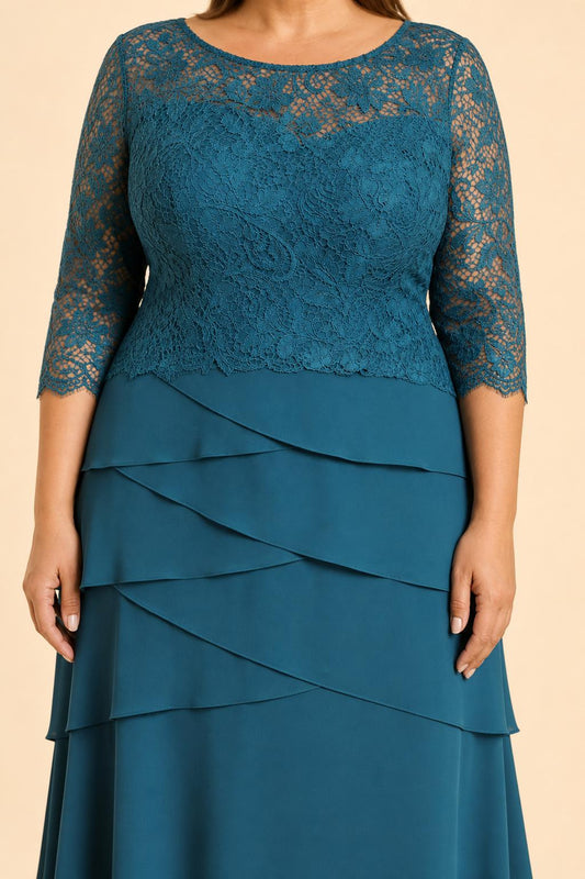 Elegant Evening Gown with Lace Patchwork and Tiered A-Line Silhouette