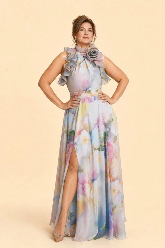 Sophisticated Halter Mother of the Bride Dress with Watercolor Pattern and Ruffle Accents