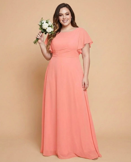 Avenleigh Plus Size Half Sleeve Pleated Chiffon A-Line Bridesmaid Dress for Wedding Party - N0338