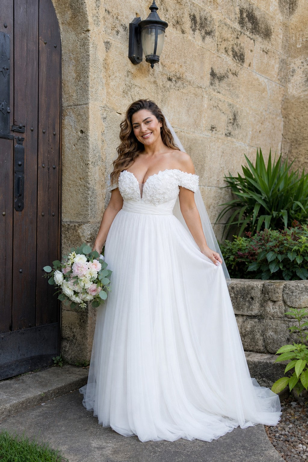 Elegant Plus Size Off-Shoulder Wedding Dress with 3D Floral Appliques and Flowing Tulle Skirt