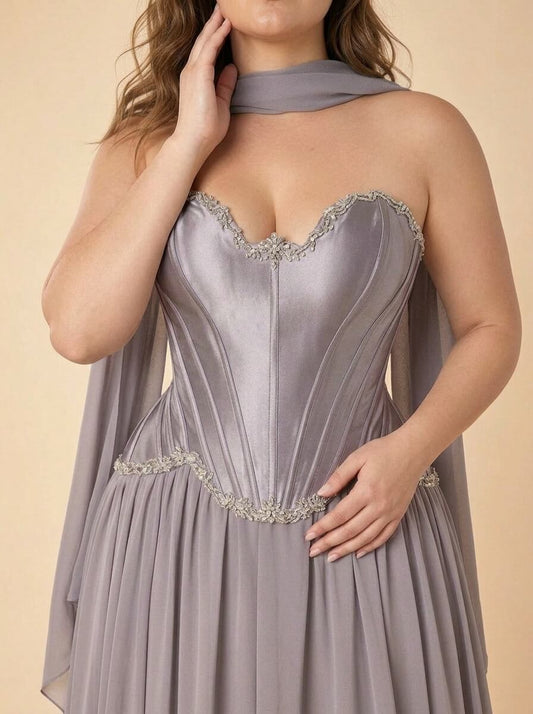 Scarvelle Plus Size Satin Prom Dress with Basque Waist and Pearl Corset