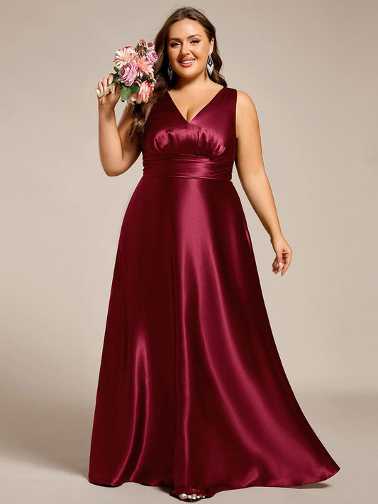 Plus Size Satin Empire Waist Maxi Bridesmaid Dress with Pockets