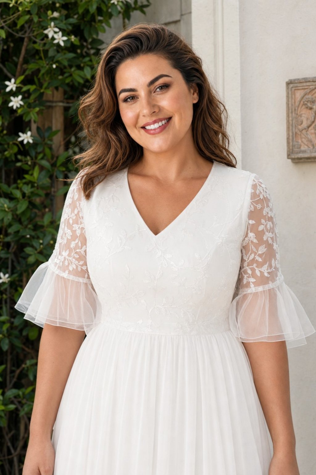 Plus Size Chiffon A-Line Bride Wedding Dress with Embroidered Detail