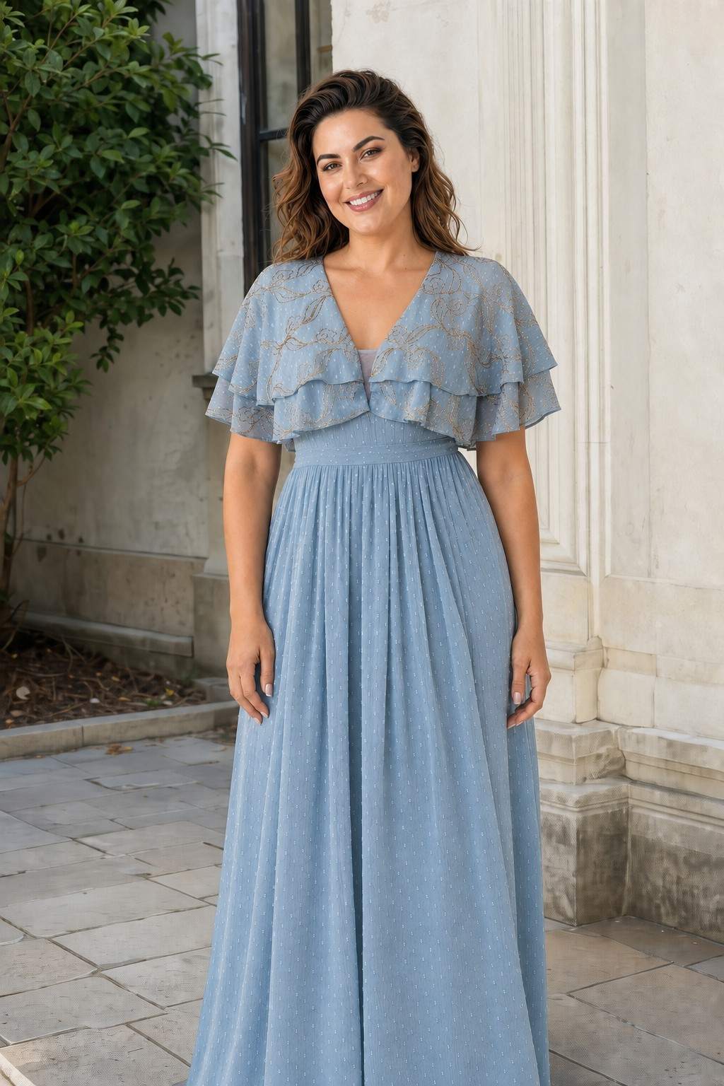 Plus Size Embroidered Polka Dot Ruffle A-Line Bridesmaid Dress