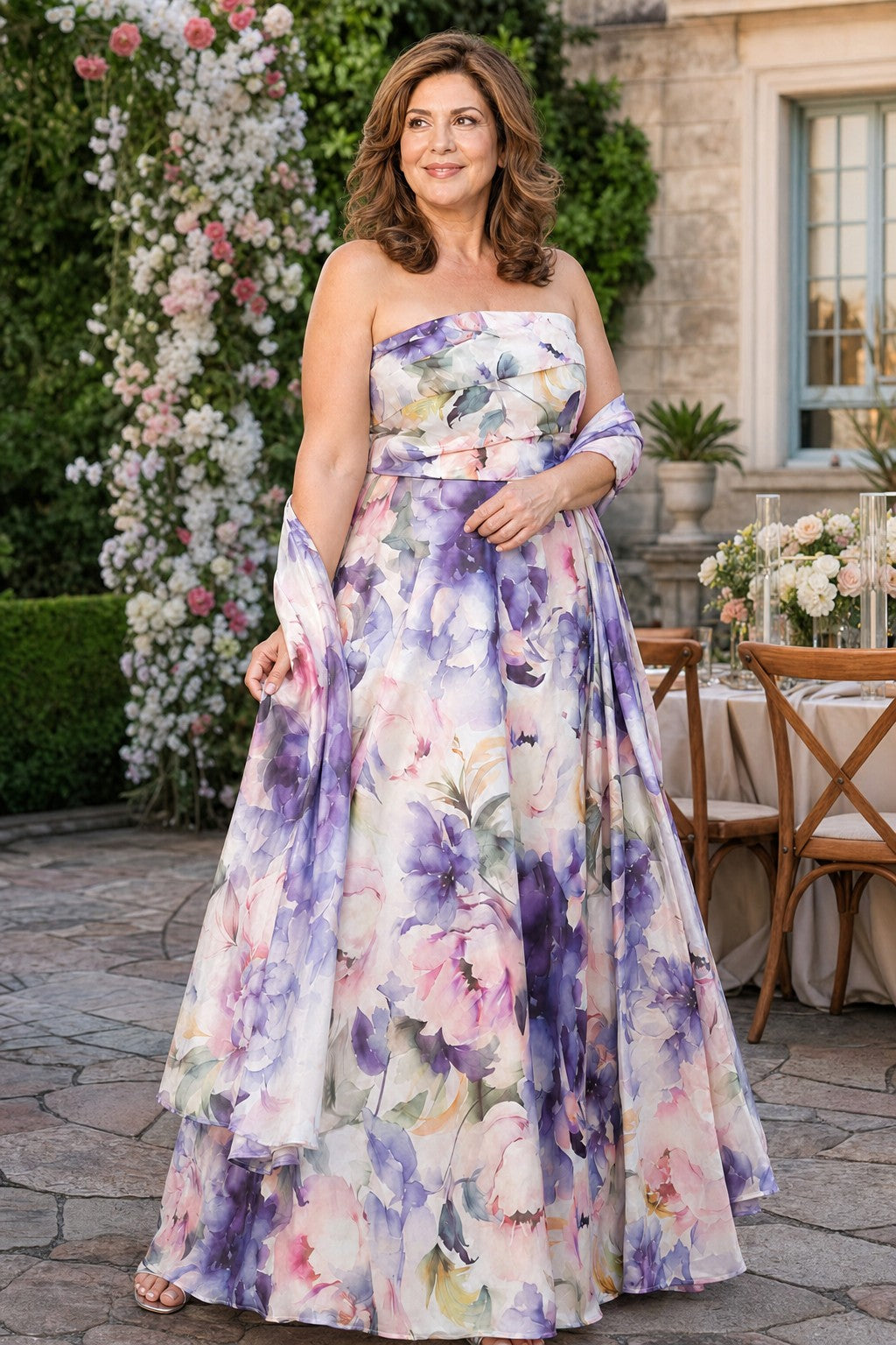 Plus Size Mother of the Bride Organza A Line Dress with Floral Print and Matching Wrap