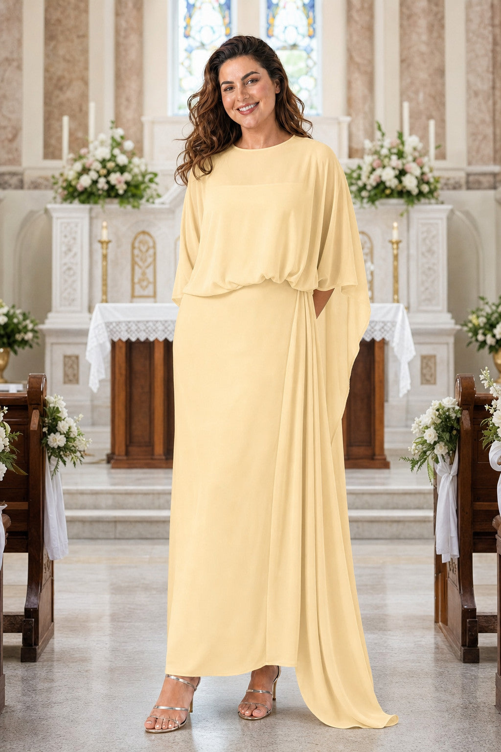 Flowy Sheer Cape Bridesmaid Dress Cuff Slit Design