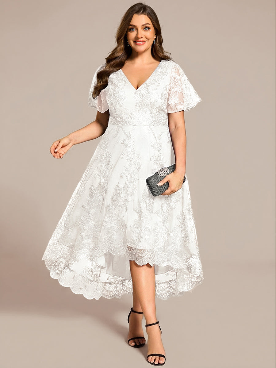 Plus Size Short Sleeves Embroidered Mesh A-Line V-Neck Midi Wedding Guest Dress