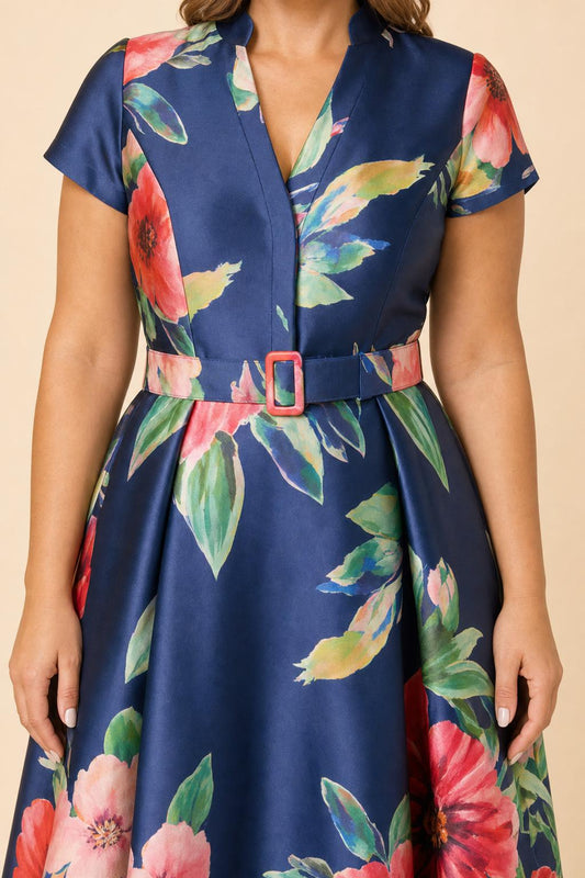 Floral Print Mother of the Bride Dress with Elegant Pleated A-Line