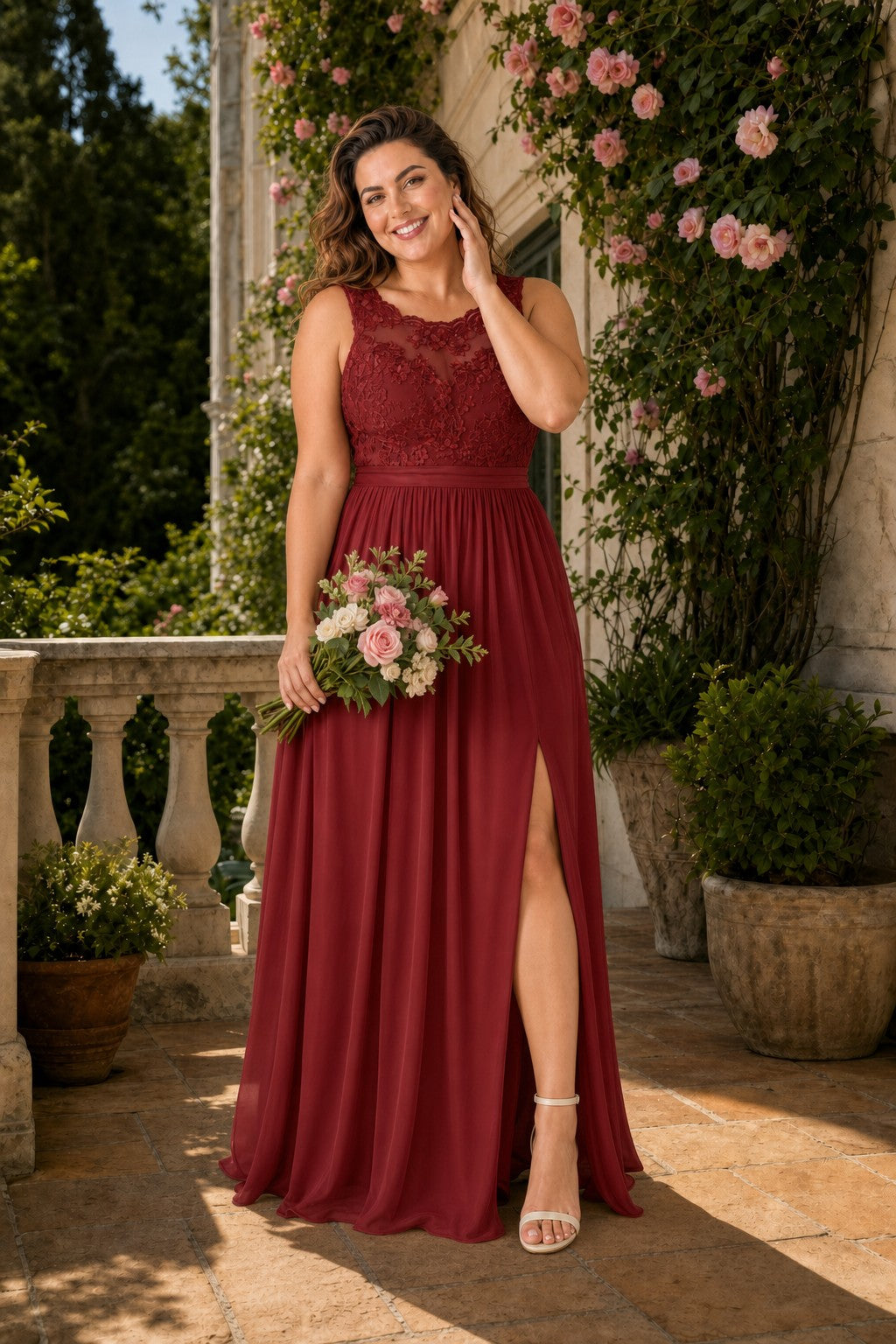 Plus Size Lace Bridesmaid Dress with Slit and Pockets Elegant A-Line Chiffon Open Back Formal Gown