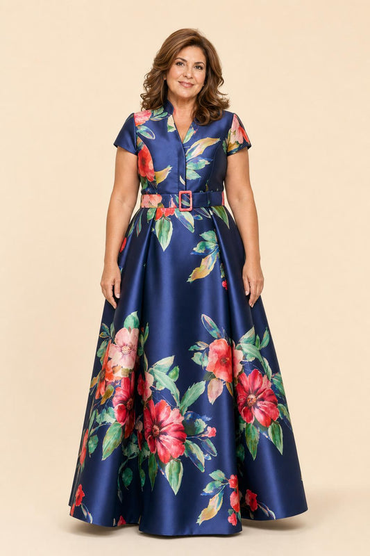 Floral Print Mother of the Bride Dress with Elegant Pleated A-Line