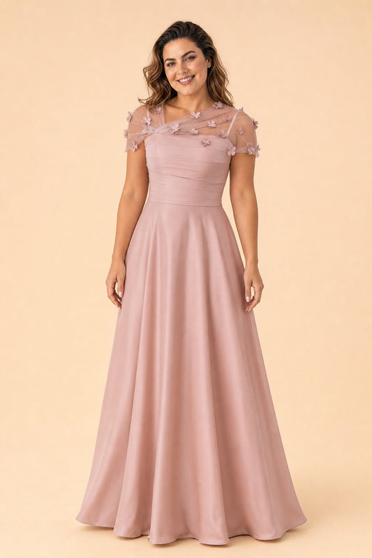 Plus Size Backless A-Line Formal Gown with Floral Appliqué and Satin Skirt
