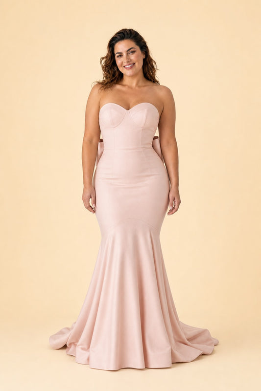 Plus Size Strapless Bridesmaid Dress with Bow Back and Chapel Train