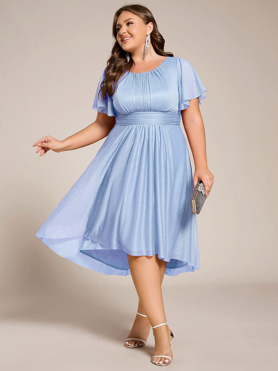 Plus Size Sequin Round Neck Asymmetrical Midi Wedding Guest Dress