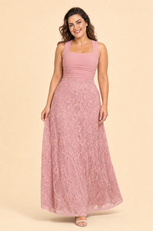 Plus Size Evening Gown with Ruched Lace Bodice and 3D Floral Detail