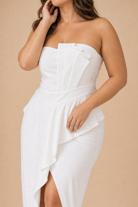 Romantic Plus Size Wedding Guest Dress with Ruched Slit Ruffle Hem
