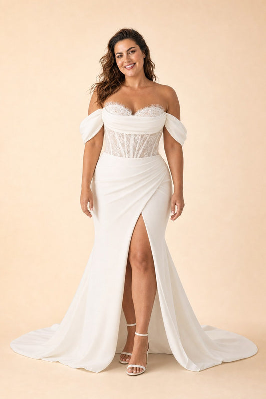 Plus Size Lace Wedding Dress with Slit and Asymmetrical Bow Back Detail
