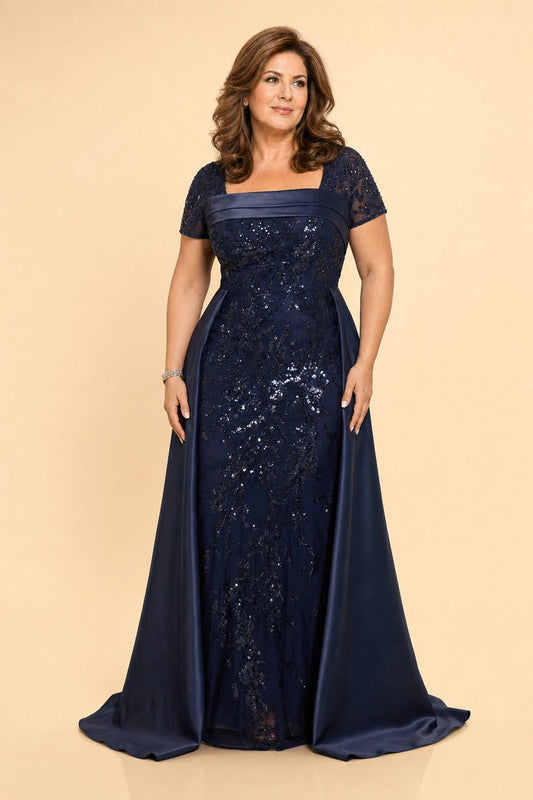 Plus Size Mother of the Bride Dress with Sequins and Flowing Cloak