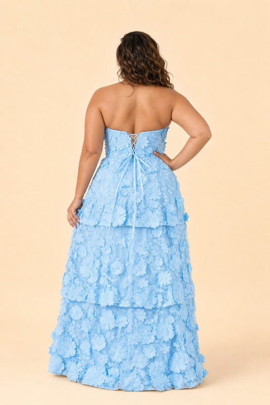 Romantic Lace Up Back Bridesmaid Gown Featuring 3D Floral Appliqué Tiered Flowy Skirt