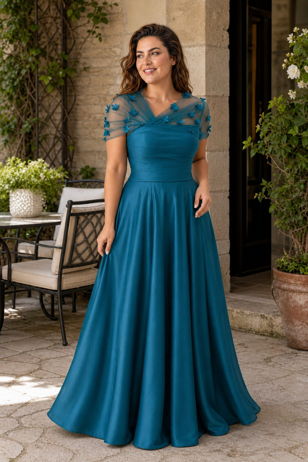 Plus Size Backless A-Line Formal Gown with Floral Appliqué and Satin Skirt