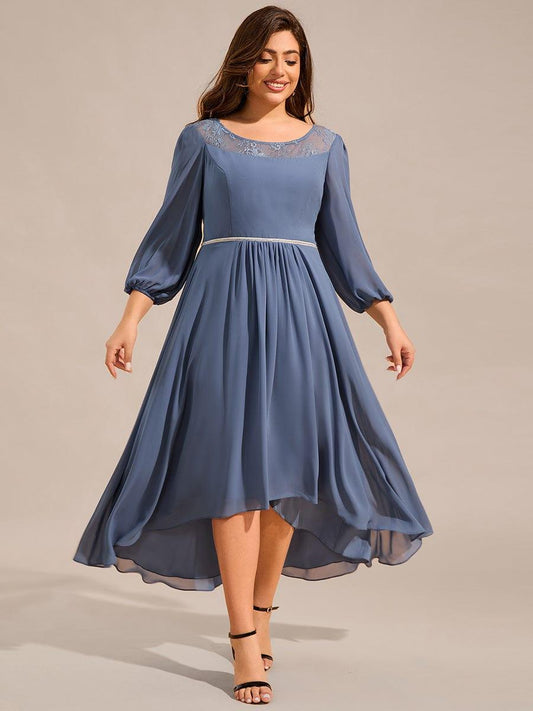 Plus Size Lace Round Neck Long Sleeve Chiffon Midi Wedding Guest Dress
