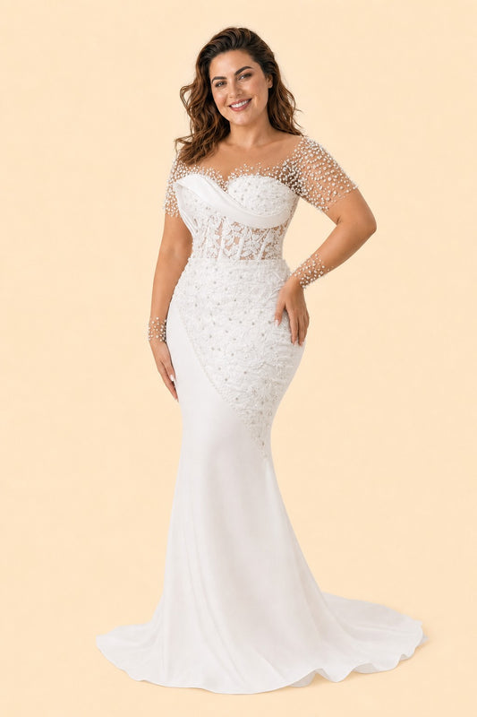 Plus Size Lace Wedding Dress with Detachable Train and Hand-Placed Beaded Bodice