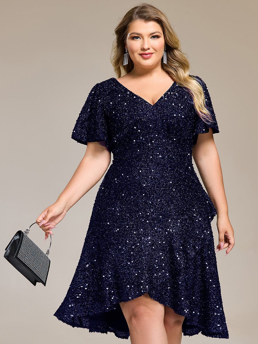 Plus Size Sequin Ruffle Sleeve Formal Dress