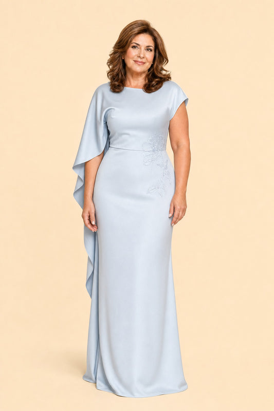 Plus Size Mother of the Bride Dress with Asymmetrical Cape and Embroidery