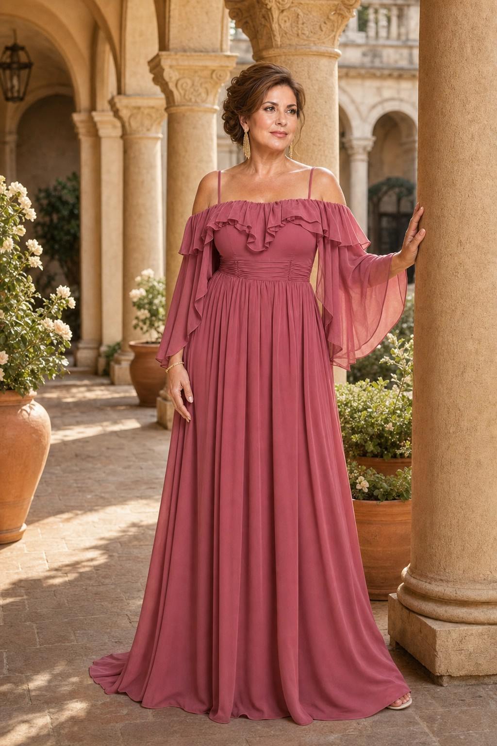 Flowy Bridesmaid Dress with Ruched Bodice and Soft Feminine Ruffle Accents for Elegant Weddings
