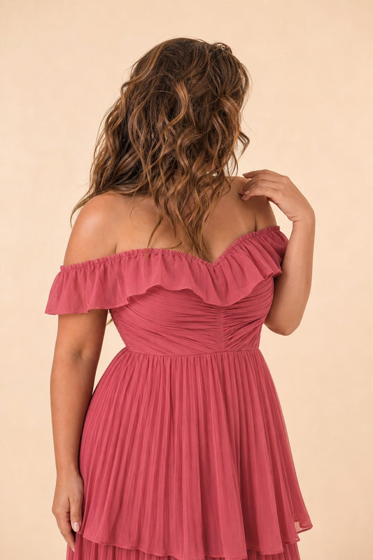 Elegant A Line Maxi Bridesmaid Dress Pleated Tiered Off Shoulder Design