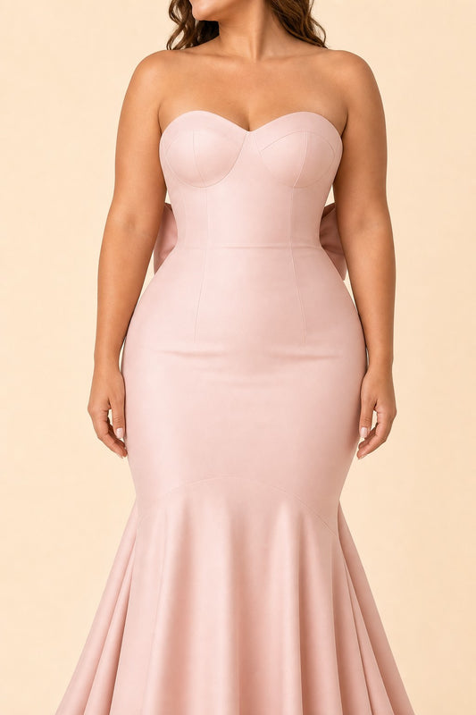 Plus Size Strapless Bridesmaid Dress with Bow Back and Chapel Train