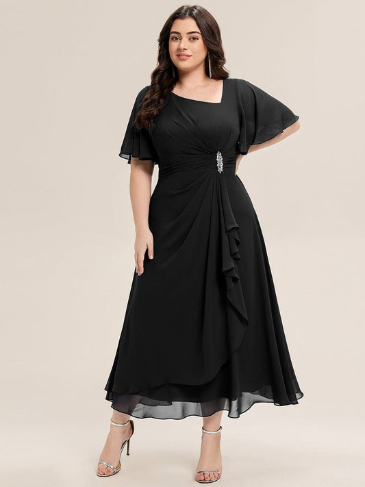 Plus Size Pleated Chiffon Ruffle Sleeve Wedding Guest Dress