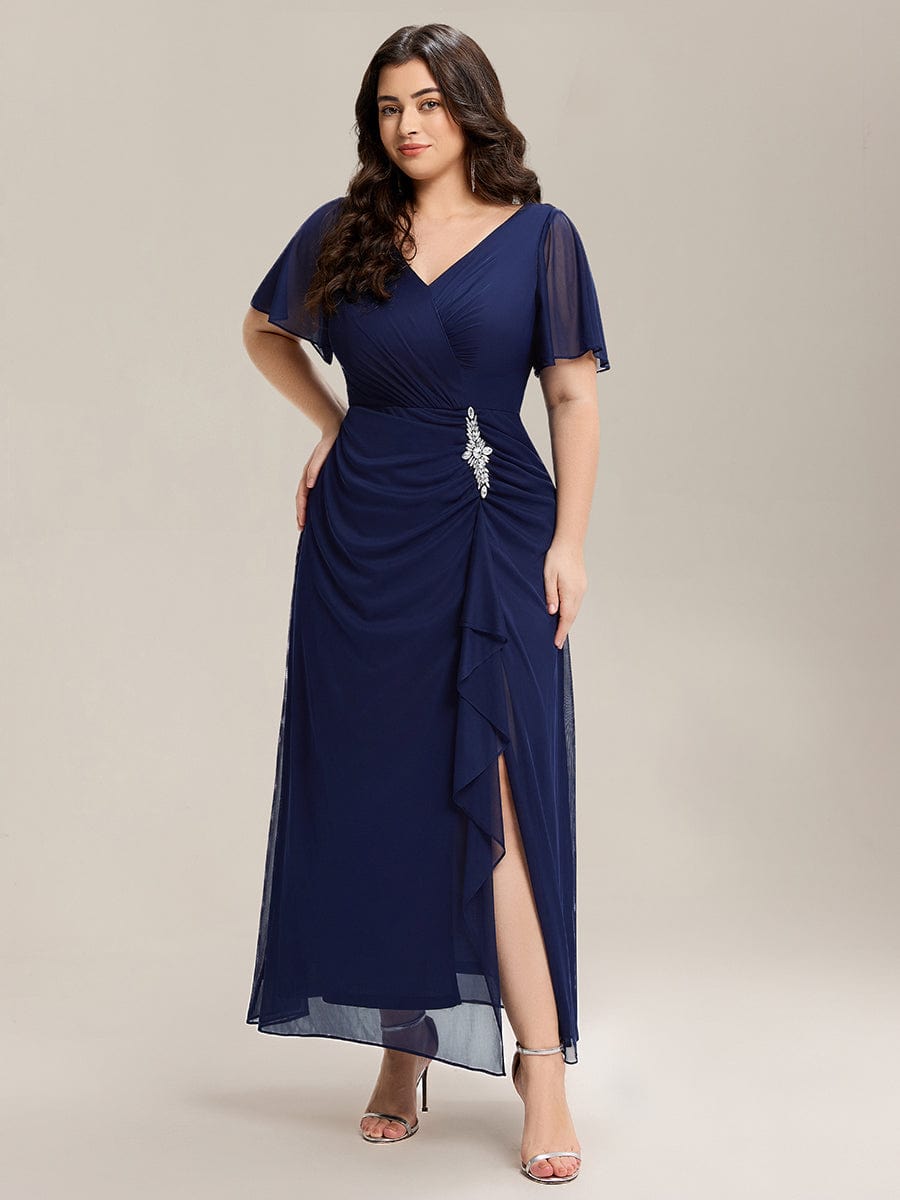 Plus Size Rhinestone Embellished Chiffon Ruffle Sleeve Dress