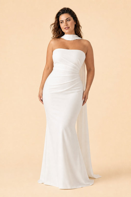Elegant Plus Size Bridal Gown with Asymmetrical Draping Corset Boning Scarf Accent and Open Back