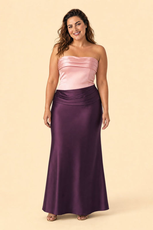 Plus Size Strapless Bridesmaid Dress with Ruched Color Block Corset