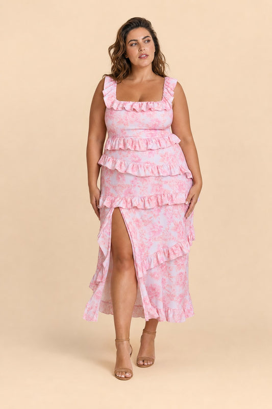Plus Size Floral Bridesmaid Dress with Tiered Ruffles Stretch Fabric and Elegant Slit