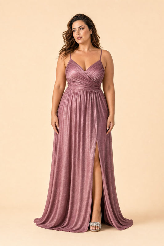 Plus Size Shimmer Bridesmaid Dress Deep V Pleated Slit A-Line Formal Evening Gown Elegant