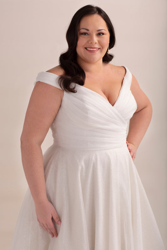 Glitter and Organza A-Line Wedding Gown with Ruched Bodice and Bardot
