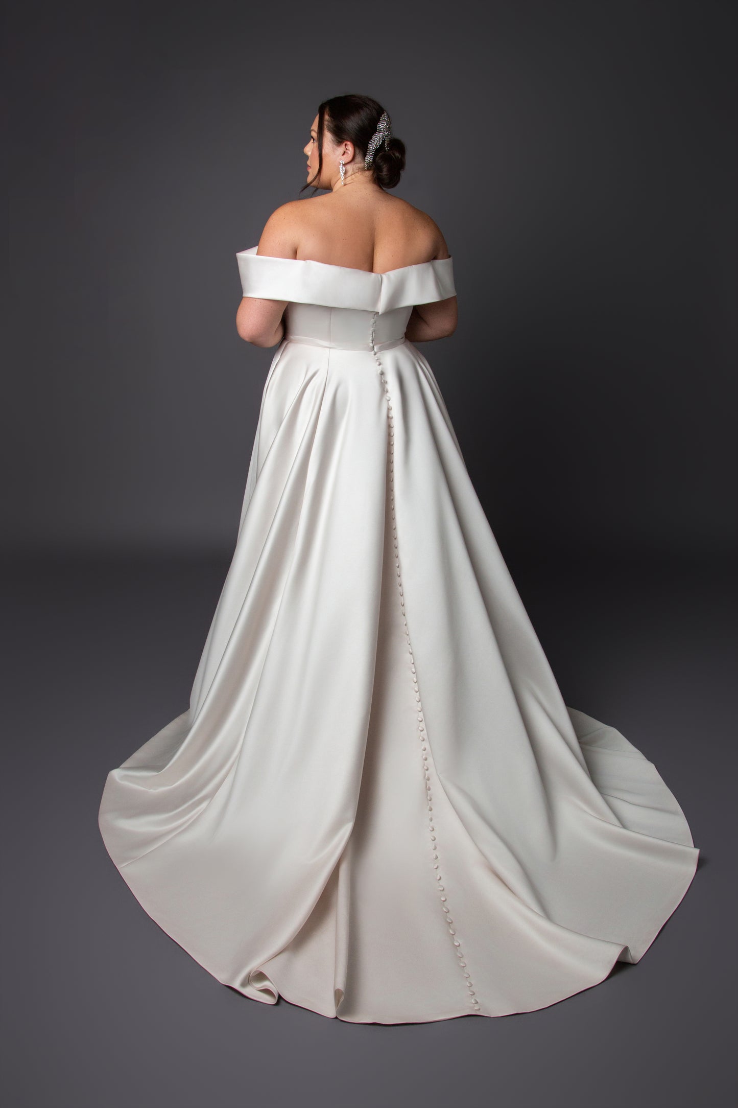 Satin A-line gown neckline with full circular skirt
