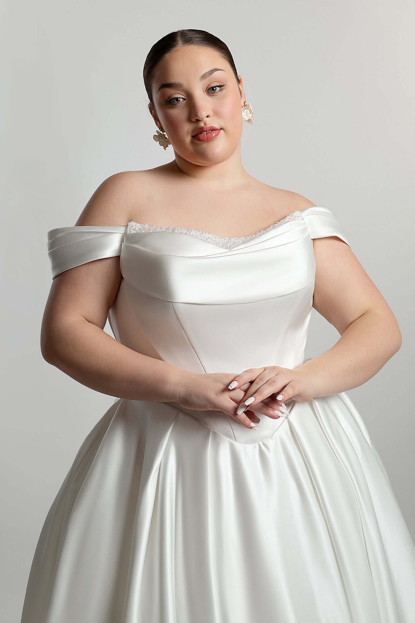 Drape front bodice with pearl detailing sheer back