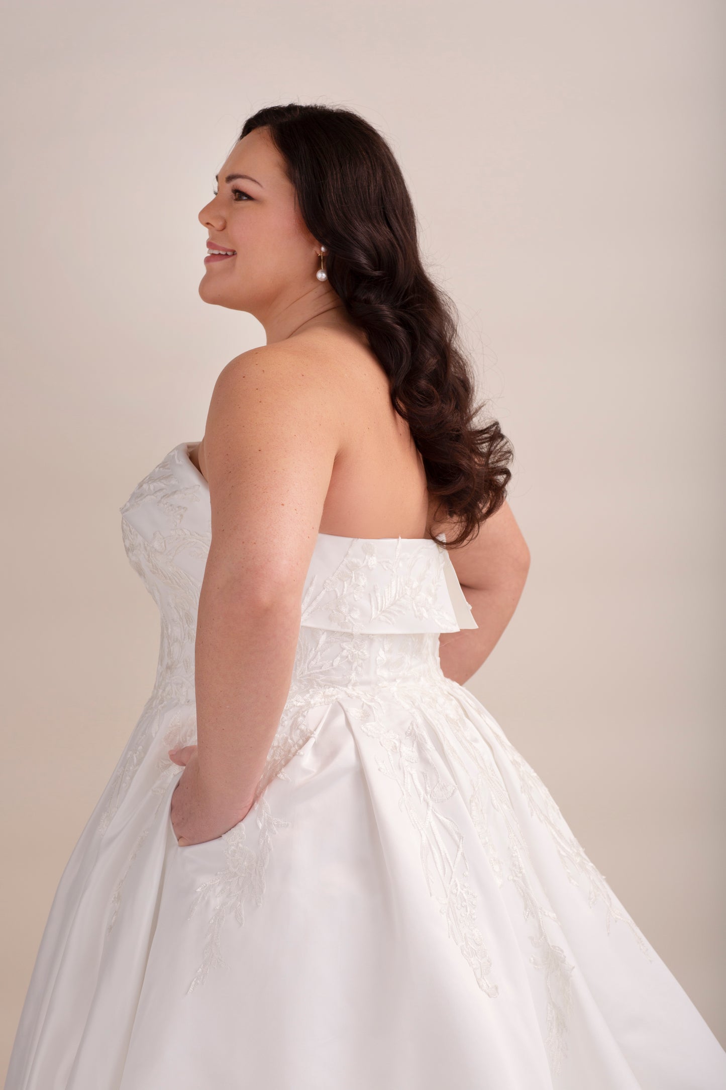 Strapless Satin Ball Gown Wedding Dress with Lace Appliqué Bodice