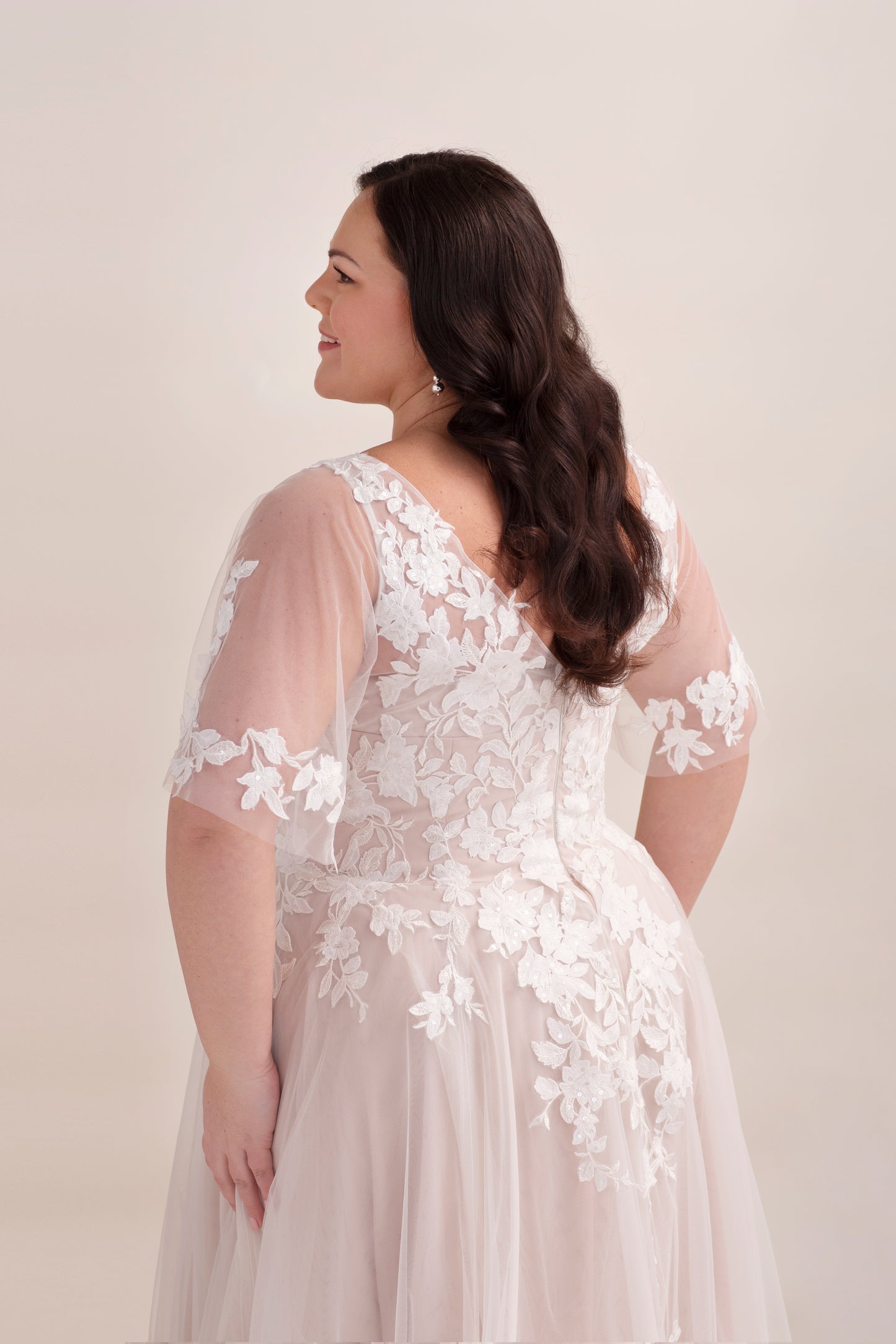 Lace A-Line Wedding Gown with Deep Plunge Neckline and Detachable Sleeves