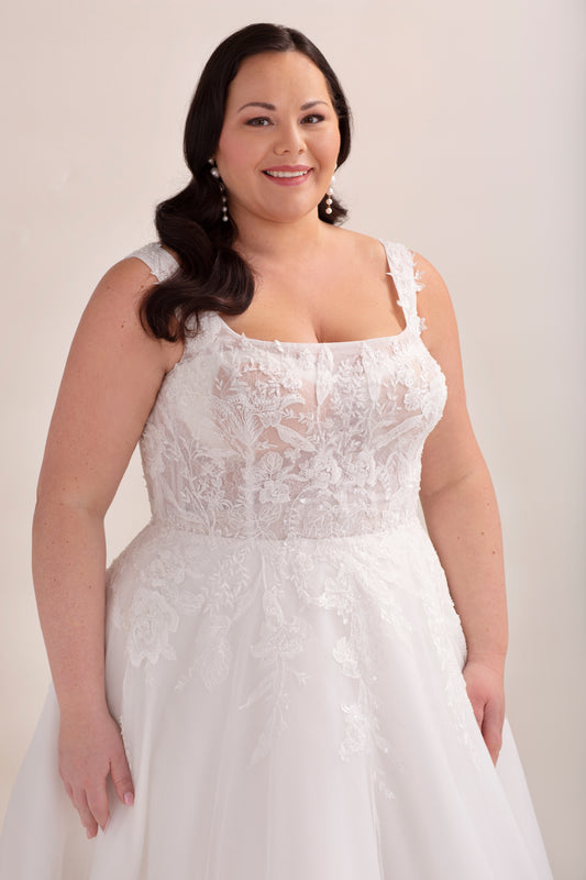 Lace and Tulle A-Line Wedding Gown with Square Neckline