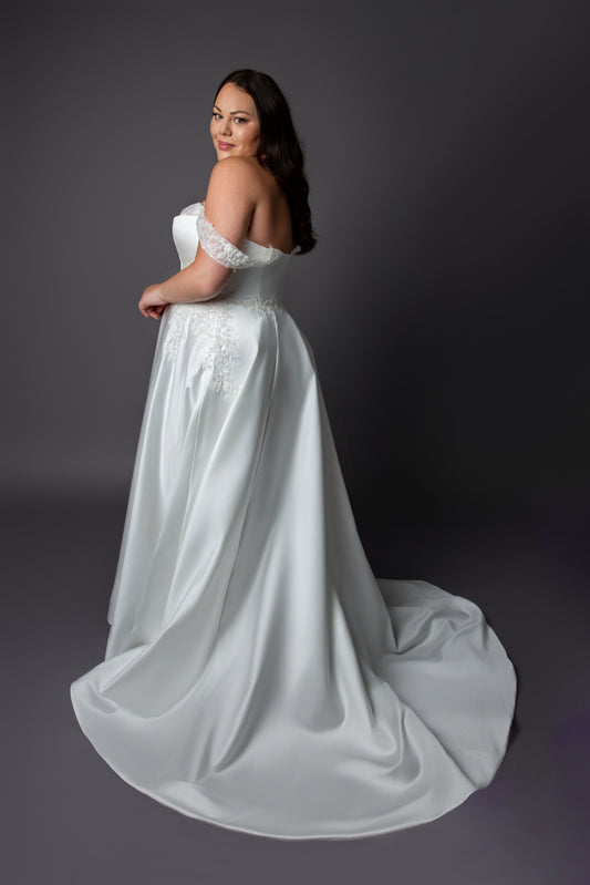 Corset style bodice wedding dress with lace drop shoulder full skirt