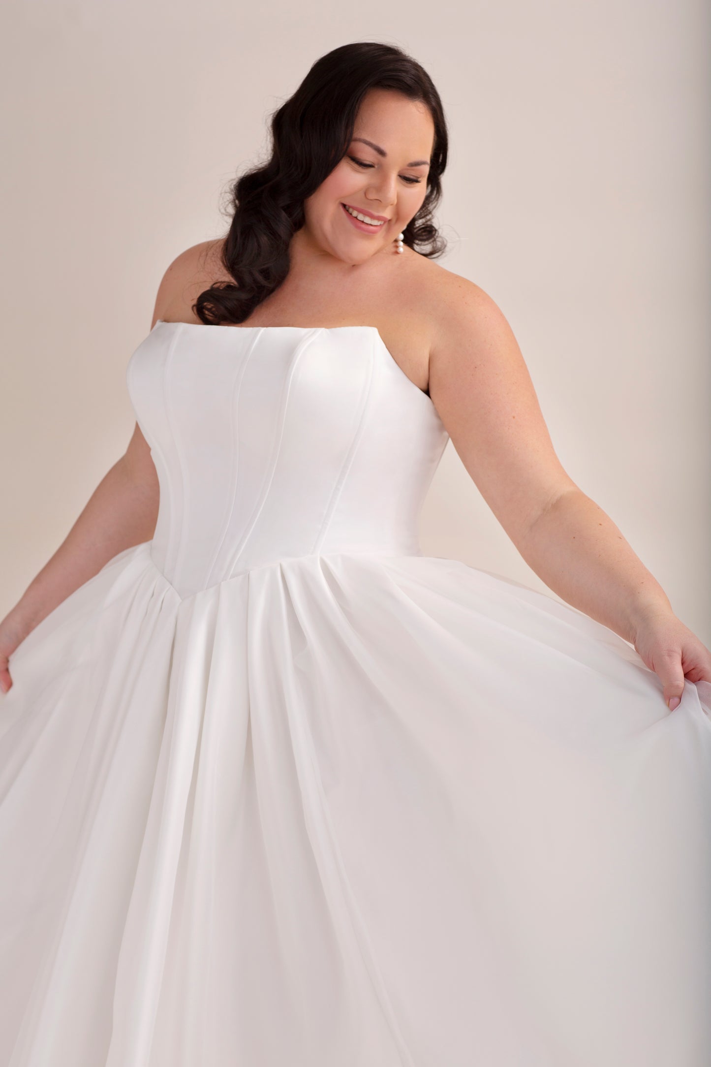 Mikado Ball Gown Wedding Dress with Cat Eye Neckline, Basque V Waist