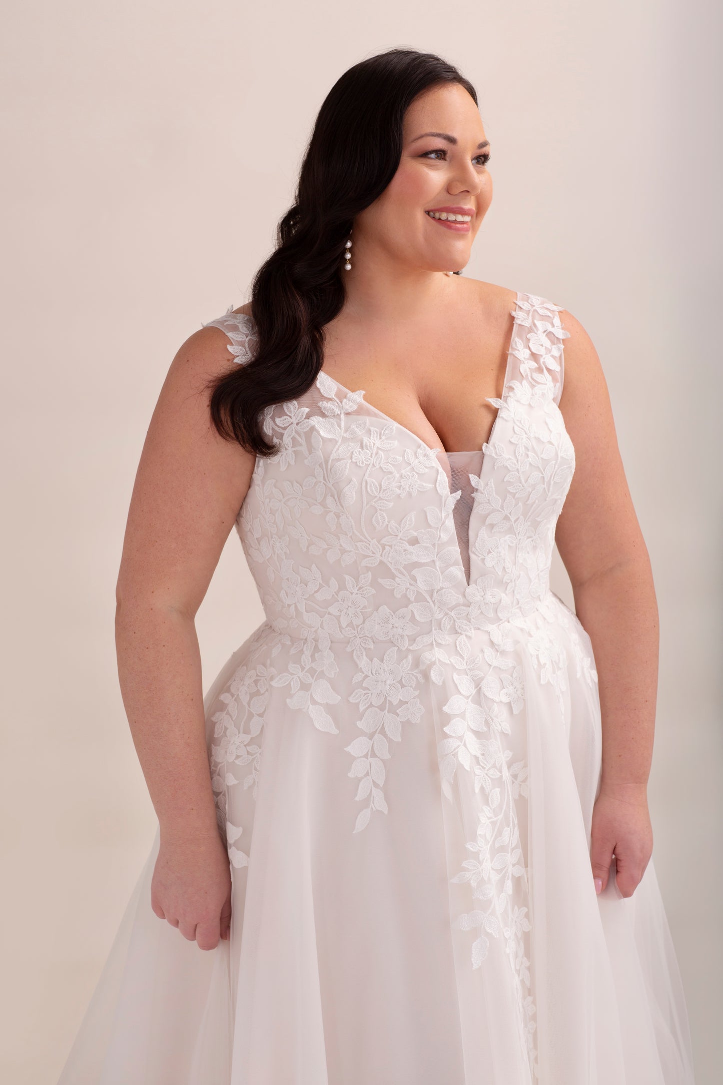 Lace and Tulle A-Line Wedding Gown with Lace Appliqué and Deep Plunge
